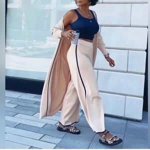 Zara Long Knit Dressing Gown & Pants Set Size: Small
Beige/Navy Blue.